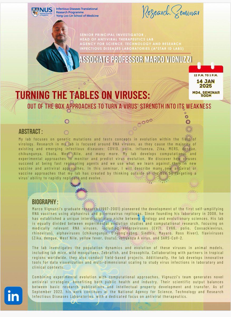 VignuzziLab (@vignuzzilab) on Twitter photo Join me at <a href="/NUSMedicine/">Yong Loo Lin School of Medicine</a> for my seminar next week. A chance to discuss and set up more collaborations within the NUS infectious diseases ecosystem Join me at <a href="/NUSMedicine/">Yong Loo Lin School of Medicine</a> for my seminar next week. A chance to discuss and set up more collaborations within the NUS infectious diseases ecosystem