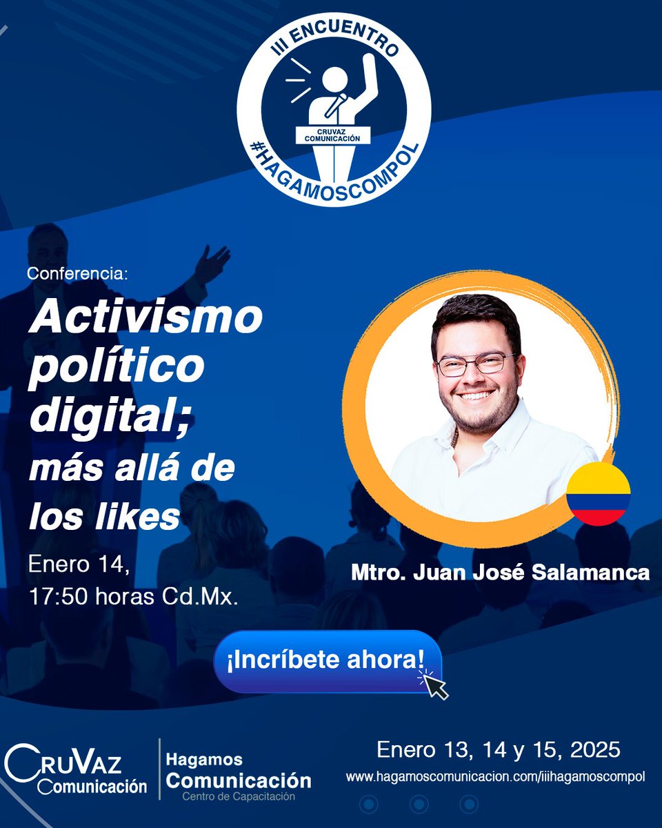 ¡Ya está aquí el III Encuentro #HagamosComPol! <a href="/jjsalamancav/">Juan José Salamanca Villegas</a> 🇨🇴

🌐Durante tres días, exploraremos los retos actuales en contextos electorales y gubernamentales son clave para innovar en este apasionante campo

🚨hagamoscomunicacion.com/curso/iii-encu…
#HagamosComPol #ComPol #HagamosComunicación
