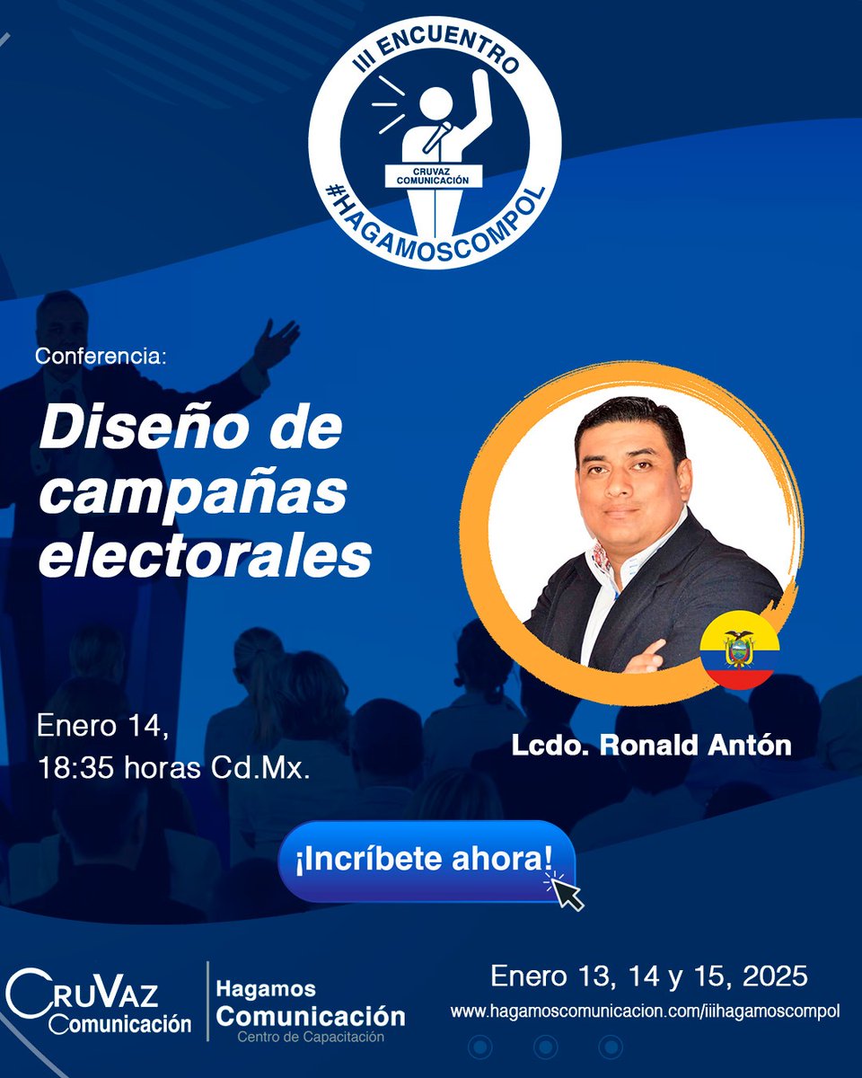 ¡Ya está aquí el III Encuentro #HagamosComPol! <a href="/RonaldAntonCPI/">Ronald Anton</a> 🇪🇨 🌐Durante tres días, exploraremos los retos actuales en contextos electorales y gubernamentales son clave para innovar en este apasionante campo
🚨hagamoscomunicacion.com/curso/iii-encu…
#HagamosComPol #ComPol #HagamosComunicación