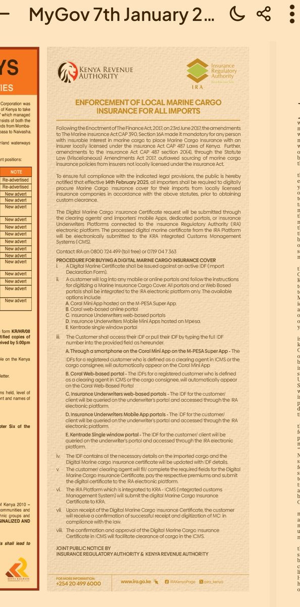 This is to remind importers of the directives by our Partner Government Agencies <a href="/ira_kenya/">IRA Kenya</a> &amp; <a href="/KRACorporate/">Kenya Revenue Authority</a> of compliance to new regulation on Digital Certificates for Customs clearance effective Feb 14, 2024.

Imports to Kenya must have locally issued Marine Cargo Insurance.