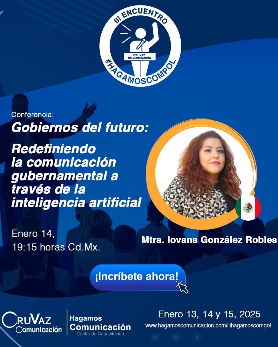 ¡Ya está aquí el III Encuentro #HagamosComPol! 
Iovana Robles🇲🇽

🌐Durante tres días, exploraremos los retos actuales en contextos electorales y gubernamentales son clave para innovar en este apasionante campo

🚨hagamoscomunicacion.com/curso/iii-encu…
#HagamosComPol #ComPol #HagamosComunicación