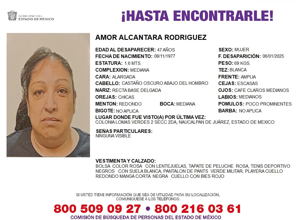 Solicitamos de tu apoyo en difusión para dar pronta localización a AMOR ALCANTARA RODRIGUEZ, comunícate a los teléfonos de COBUPEM 800 216 0361, 800 509 0927. #TodosEnLaBúsqueda