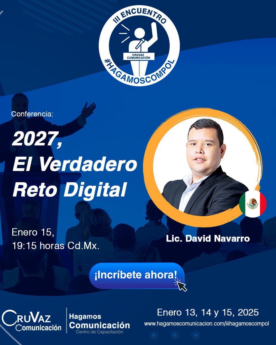 ¡Ya está aquí el III Encuentro #HagamosComPol! 
Lic. David Navarro🇲🇽Durante tres días, exploraremos los retos actuales en contextos electorales y gubernamentales son clave para innovar en este apasionante campo
🚨hagamoscomunicacion.com/curso/iii-encu…
#HagamosComPol #ComPol #HagamosComunicación