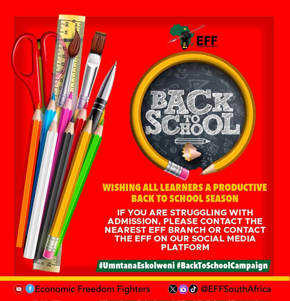 The EFF will embark on a #UmntanaEskolweni Campaign, which will include oversight visits to schools to ensure infrastructure is ready for the return of learners, ensure the delivery of necessary learning materials such as textbooks is on track.

#BackToSchool
#UmntanaEskolweni