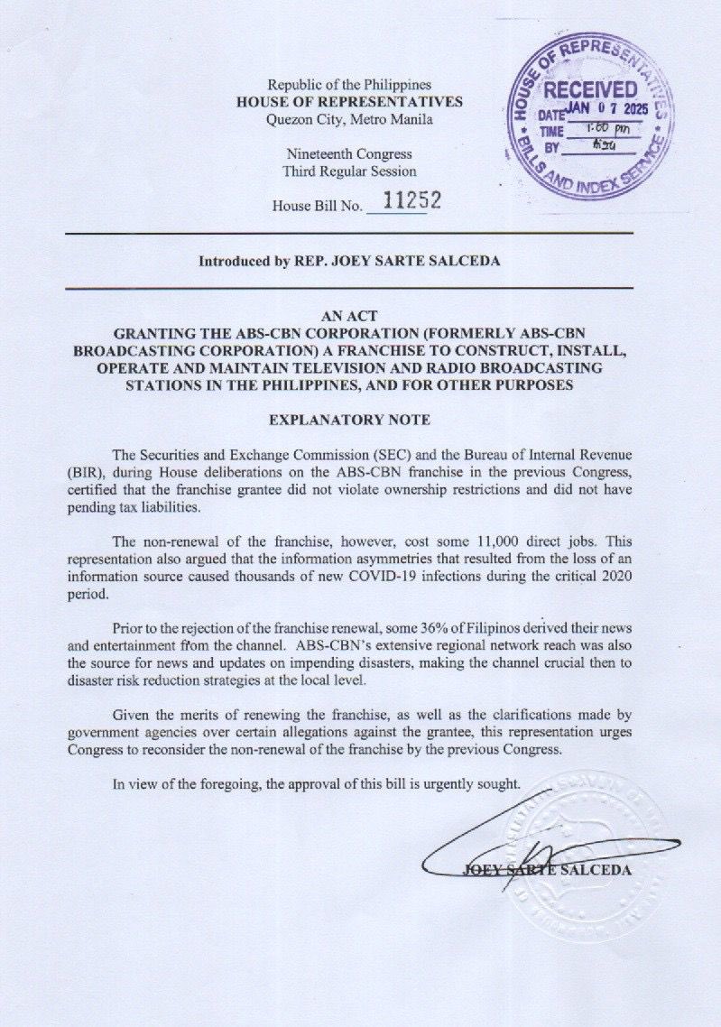 JUST IN: Albay Rep. Joey Salceda files a bill seeking to grant the ABS-CBN Corporation a franchise to construct, install, operate and maintain television and radio broadcasting stations in the country.

In the bill, Salceda says the media giant “did not violate ownership