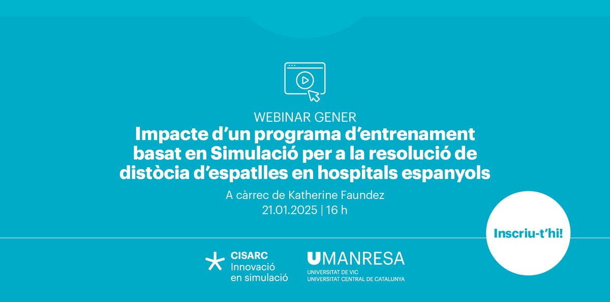 SALUT | Let's talk about simulation

"Impacte d'un programa d'entrenament basat en simulació per a la resolució de distòcia d'espatlles en hospitals espanyols" amb Katherine Faundez

🗓️ 21 de gener de 2025
⌚️ 16 h 

page.umanresa.cat/webinar-simula…

#CISARC #simulacio