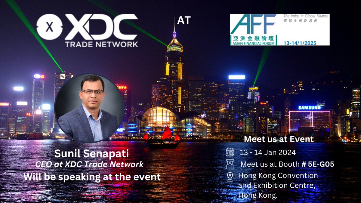 XDC Trade Network will be at the Asian Financial Forum 2025 in Hong Kong🌏
📅 13-14 January 2025
📍 Hall 5E, InnoVenture Salon
⚡ Don't miss our Pitchathon(Blockchain): 13 Jan, 11:00 AM
Discover how we're driving blockchain innovation in trade &amp; commerce: asianfinancialforum.com/conference/aff…