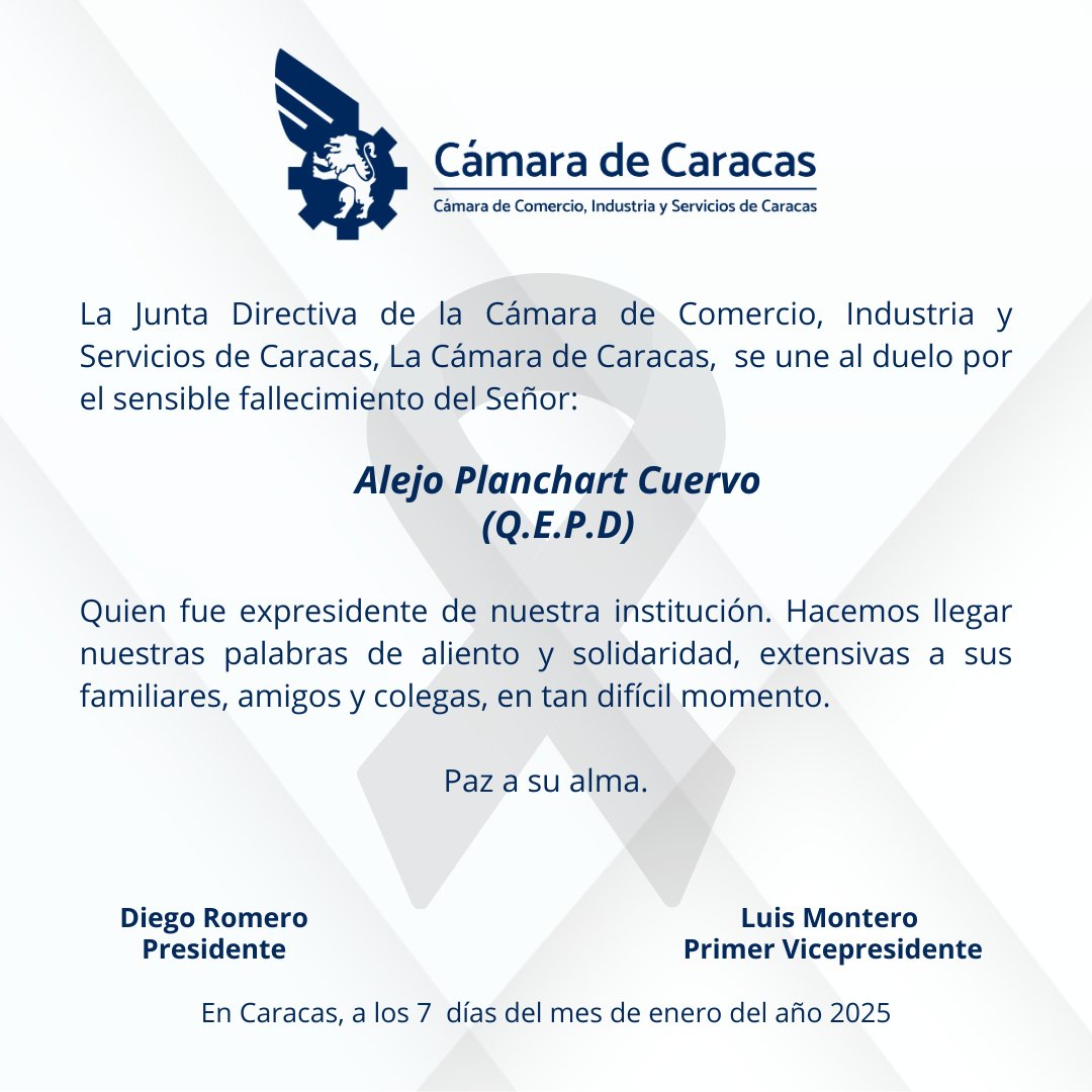 La Cámara de Caracas, se une al duelo por el sensible fallecimiento del Señor Alejo Planchart Cuervo. Quien fue expresidente de nuestra institución. 

Hacemos llegar nuestras palabras de aliento y solidaridad, extensivas a sus familiares, amigos y colegas, en tan difícil momento.