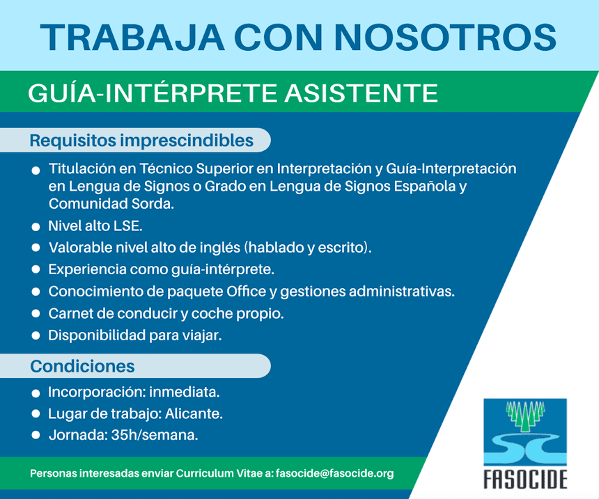 FASOCIDE's tweet photo. ❗️ATENCIÓN❗️Lanzamos oferta de empleo.

Buscamos a una/un guía-intérprete asistente para trabajar en Alicante. Si encajas en el perfil, envía tu CV.

¡Estaremos encantados de conocerte!
💯

#ofertadeempleo #guíasintérpretes
#personassordociegas #sordoceguera #discapacidad https://t.co/BkWfwvMt6I