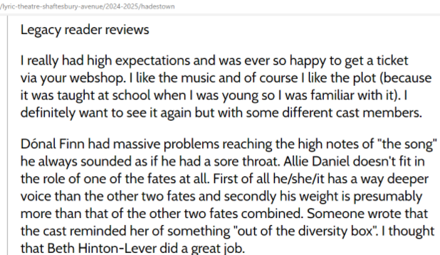 somnorific's tweet photo. @Theatremonkey1 hey, looong time fan of your site. and while i'm not a fan of that specific fate either, how come you have posted a nasty fat shaming and transphobic review of Hadestown on your site? https://t.co/avxJWuVGcb
