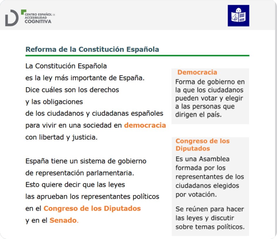ceacog's tweet image. 📚Conoce la biblioteca en #lecturafácil de nuestra web. 
📷Hoy destacamos la adaptación del artículo 49 de la Constitución aprobada hace un año por el Congreso de los Diputados.
ceacog.es/download/4669/…