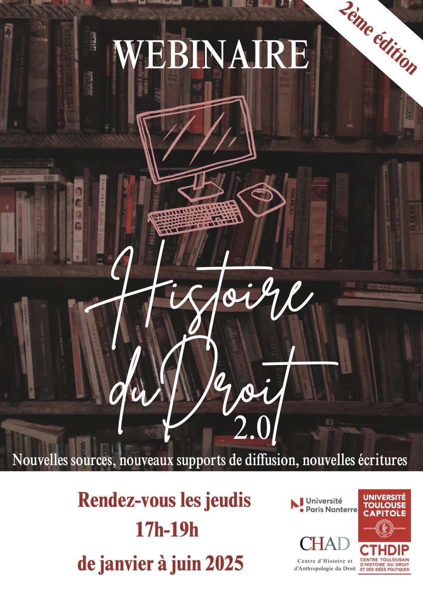 J'ai le grand plaisir de vous convier à la seconde édition du webinaire « Histoire du droit 2.0 » autour des humanités numériques en histoire du droit. 

Ces rendez-vous se tiendront de janvier à juin 2025, uniquement en distanciel. 

Au plaisir de vous y retrouver !