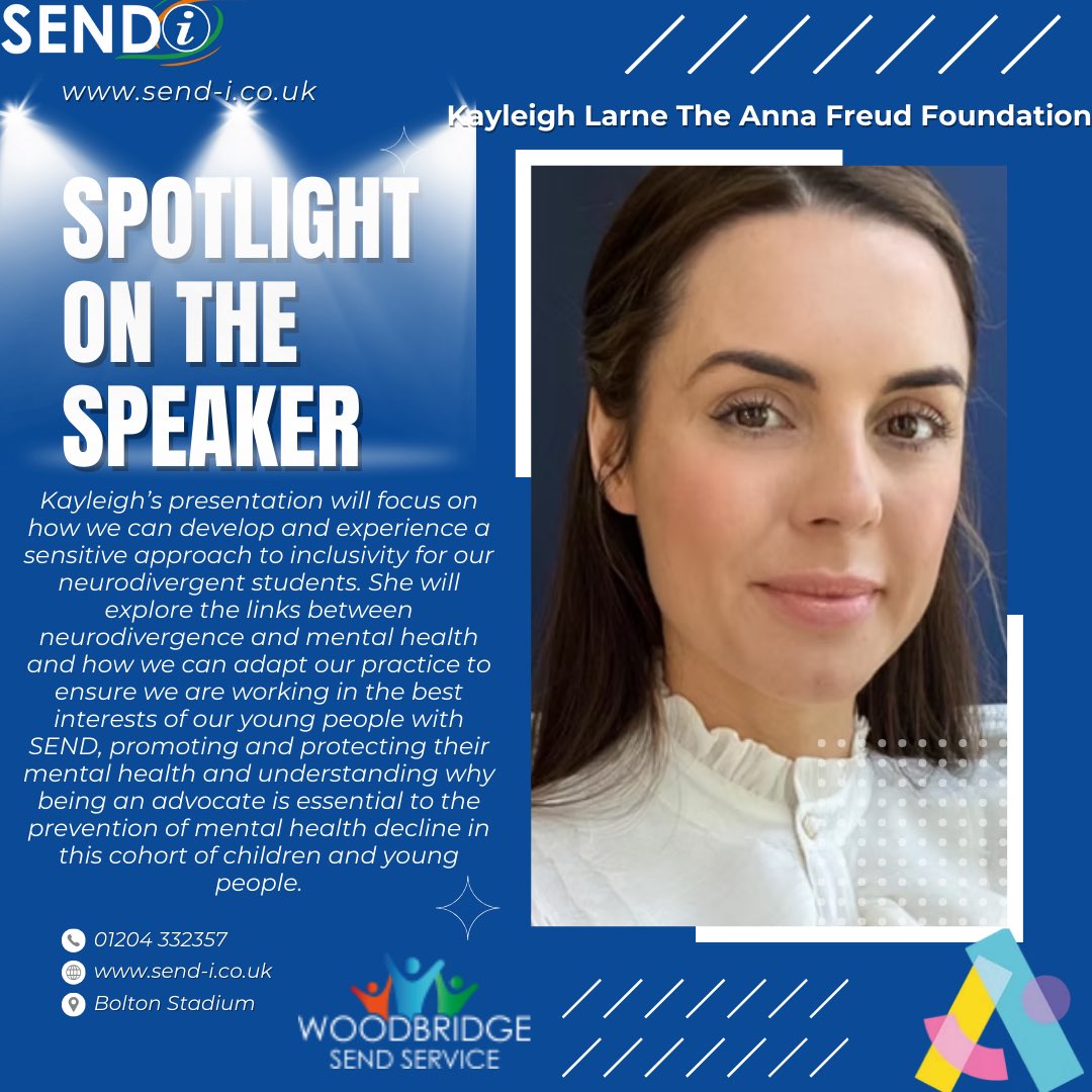 🌟 Spotlight on the Speaker 🌟 

Join Kayleigh Larne as she explores inclusivity for neurodivergent students &amp; the link between neurodivergence &amp; mental health.

25th June 25 | Bolton Stadium
£175
send-i.co.uk

 #Neurodiversity <a href="/WoodbridgeTrust/">WoodbridgeTrust</a> @AFNCCF <a href="/WoodbridgeSEND/">Woodbridge SEND Service</a>