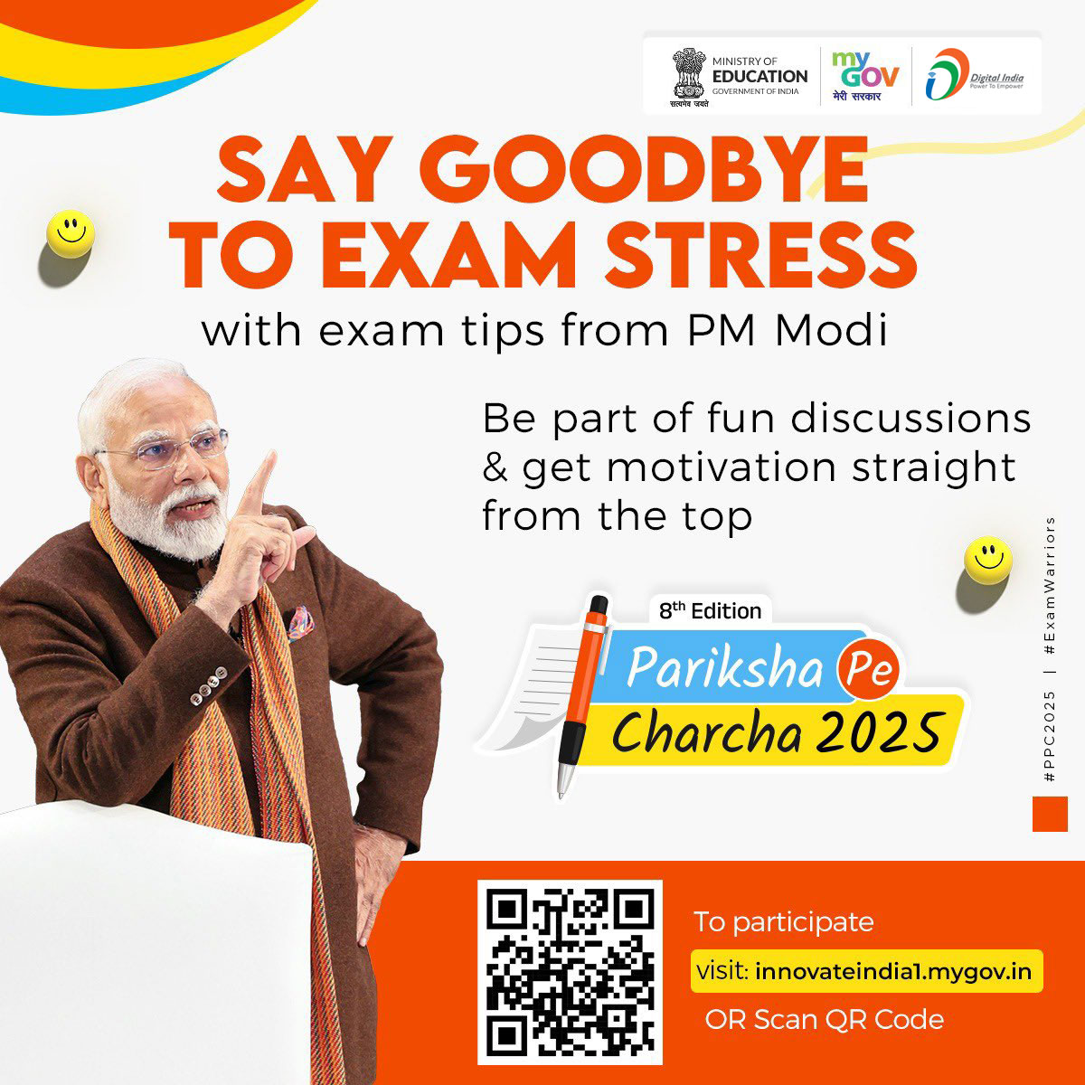 MYBharatND's tweet photo. With PM @narendramodi and learn stress-busting tips to ace your exams like a pro! 

Scan the QR code or visit https://t.co/kvfHpna4P1 to register now!
#MYBharat #NYKS
#ParikshaPeCharcha2025 #PPC2025  #ExamWarriors @EduMinOfIndia @mygovindia https://t.co/W76BtQHEpT