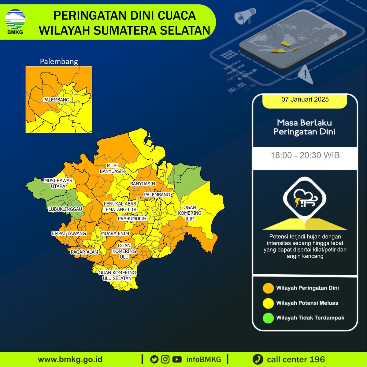 infoBMKG's tweet photo. Update Peringatan Dini Cuaca Wilayah - Sumatera Selatan Tgl. 07 Januari 2025 pkl. 18:00 WIB
Prakirawan - BMKG - Sumatera Selatan
https://t.co/u89ZeoBflb https://t.co/7Rm74SslPa