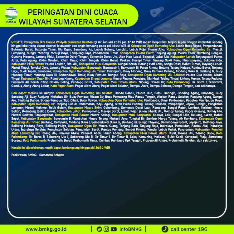 infoBMKG's tweet photo. Update Peringatan Dini Cuaca Wilayah - Sumatera Selatan Tgl. 07 Januari 2025 pkl. 18:00 WIB
Prakirawan - BMKG - Sumatera Selatan
https://t.co/u89ZeoBflb https://t.co/7Rm74SslPa