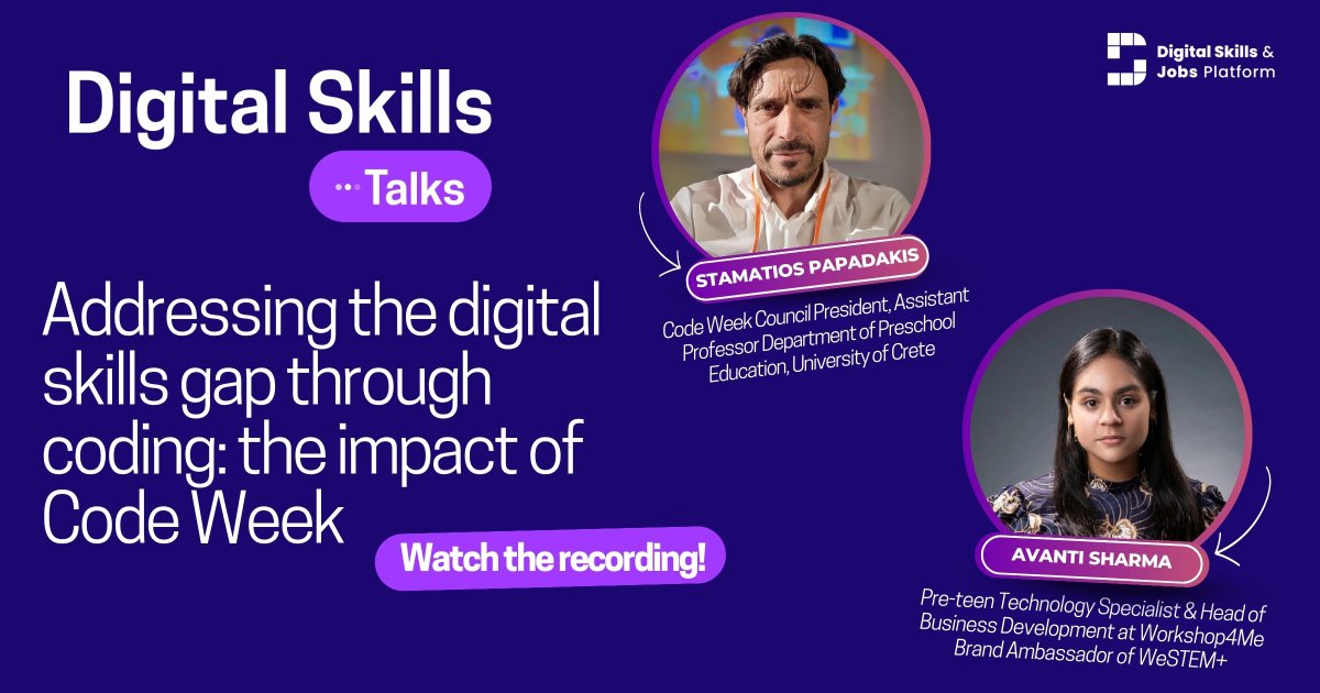 🎙️ Did you miss the live? 

Listen to Stamatios Papadakis, President of <a href="/CodeWeekEU/">EU Code Week</a> Council and Avanti Sharma, pre-teen #tech specialist, as they discuss creating opportunities in the digital age.

📽️ Catch up now: youtube.com/watch?v=s8DZlS…

<a href="/EU_Commission/">European Commission</a> <a href="/EU_Social/">EU Social 🇪🇺</a> <a href="/DigitalEU/">Digital EU 🇪🇺</a>
