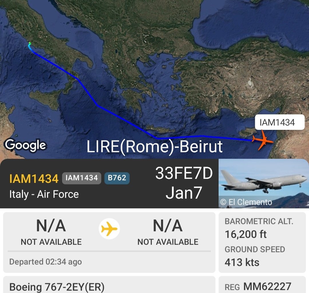 LebanonJets's tweet photo. Video Military: #Italy AirForce #MM62227 hex #33FE7D KC767 into #Beirut from
Pratica di Mare Mario de Bernardi Air Force Base/LIRE near #Rome then to #Cagliari as #IAM1434 over 1,000 Italian troops in #Lebanon for #UNIFIL https://t.co/owHfGHtX5V https://t.co/ix4haab6rZ