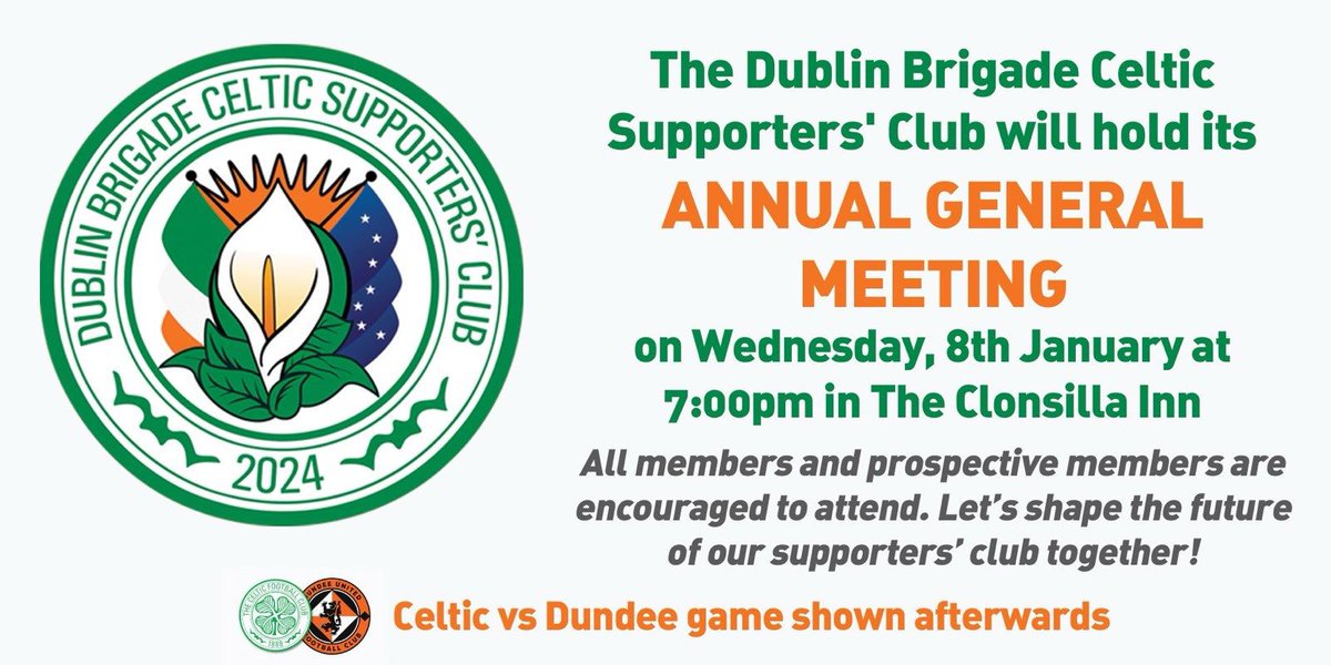 DubBrigadeCSC's tweet photo. 🚨 Reminder 🚨 

Our first ever AGM on tomorrow night. Celtic vs Dundee United shown afterwards. All welcome https://t.co/pJaVWrhOCN