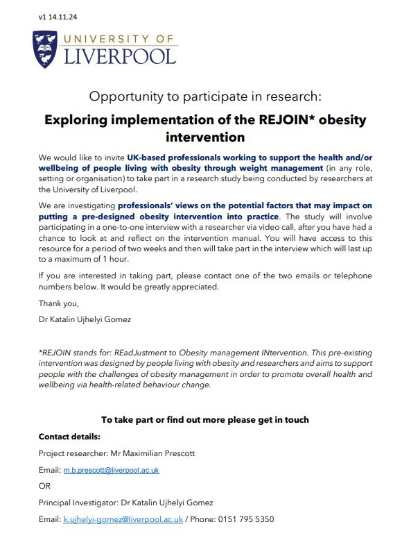 Prof Charlotte Hardman (@charlottehardm3) on Twitter photo We're conducting a study <a href="/LivUni/">University of Liverpool</a> about putting an obesity intervention into practice. If you provide weight management & wellbeing support to people with obesity and would be interested in participating, please contact us (details attached) <a href="/ARC_NWC_MIDAS/">ARC_NWC_MIDAS</a> <a href="/LivUniPsyc/">LivUni Psychology</a> <a href="/LivUniIPH/">Institute of Population Health</a> We're conducting a study <a href="/LivUni/">University of Liverpool</a> about putting an obesity intervention into practice. If you provide weight management & wellbeing support to people with obesity and would be interested in participating, please contact us (details attached) <a href="/ARC_NWC_MIDAS/">ARC_NWC_MIDAS</a> <a href="/LivUniPsyc/">LivUni Psychology</a> <a href="/LivUniIPH/">Institute of Population Health</a>