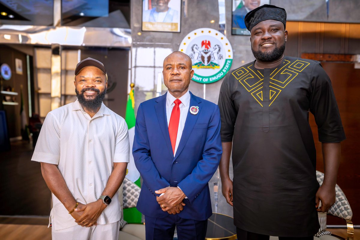 PNMbah's tweet photo. I had the pleasure of hosting two Enugu-born creatives, the famous podcast host, Chinedu Ani (Nedu Wazobia),  and Chukwudi Ezugwu (Husband Material),  whose creativity continues to inspire. 
It was exciting to hear their plans for the upcoming Enugu Fest—a vibrant celebration of our talent, culture and ingenuity. 

We shared ideas on our innovative Smart Green Schools, the International Conference Centre, the 5-star hotel project adjacent to it, the ongoing restoration of Hotel Presidential, and the soon-to-be-unveiled Enugu Air, among other transformative projects of our administration.

Our administration is committed to empowering creatives in Enugu, providing them with the needed opportunities to reach their full potential. By giving them every needed support, we want to ensure our talent and vibrant culture shine on the global stage.

Thanks for coming!