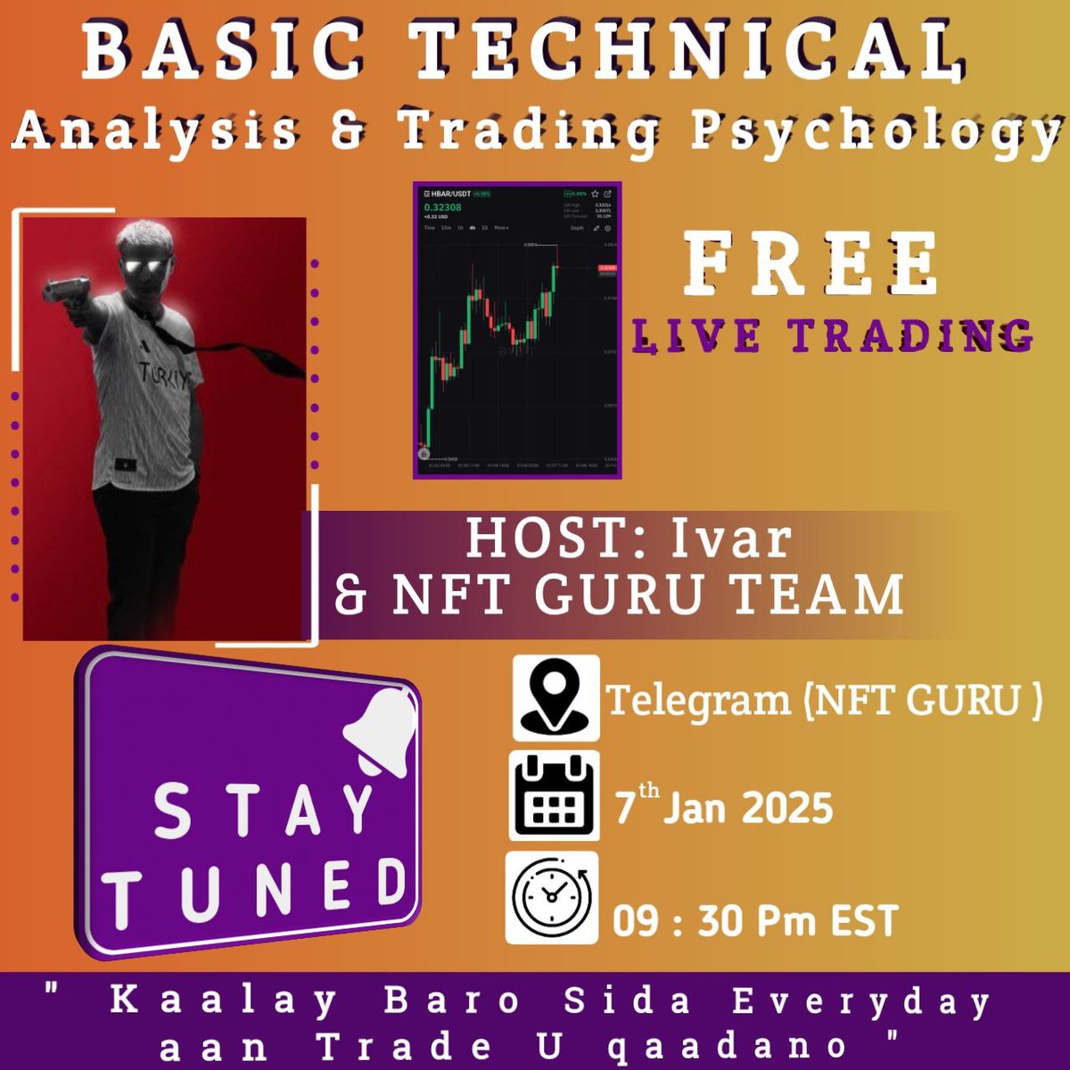 Caawa 9:30 PM waxa ni diyaariney basic technical analysis iyo trading psychology. 

Ma thy qof rabey inu trade sameyo lkn meshu Ka bilaabo an aqoonin, caawa imaaw Ka faideyso insha'Allah.

Group Ka link wa Kan join qofki Ku jirin 👇 

t.me/+Y59svAZiH80yM…

#ivar