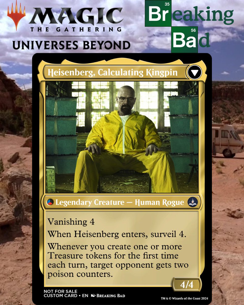 LoreSpark's tweet photo. Kicking off Universes Beyond for 2025, we’ve got Universes Beyond: Breaking Bad!

If you look really closely at the cards, you can see the exact point Walter White becomes Heisenberg

#MTG #MagicTheGathering #BreakingBad https://t.co/6qUYGlzdgK
