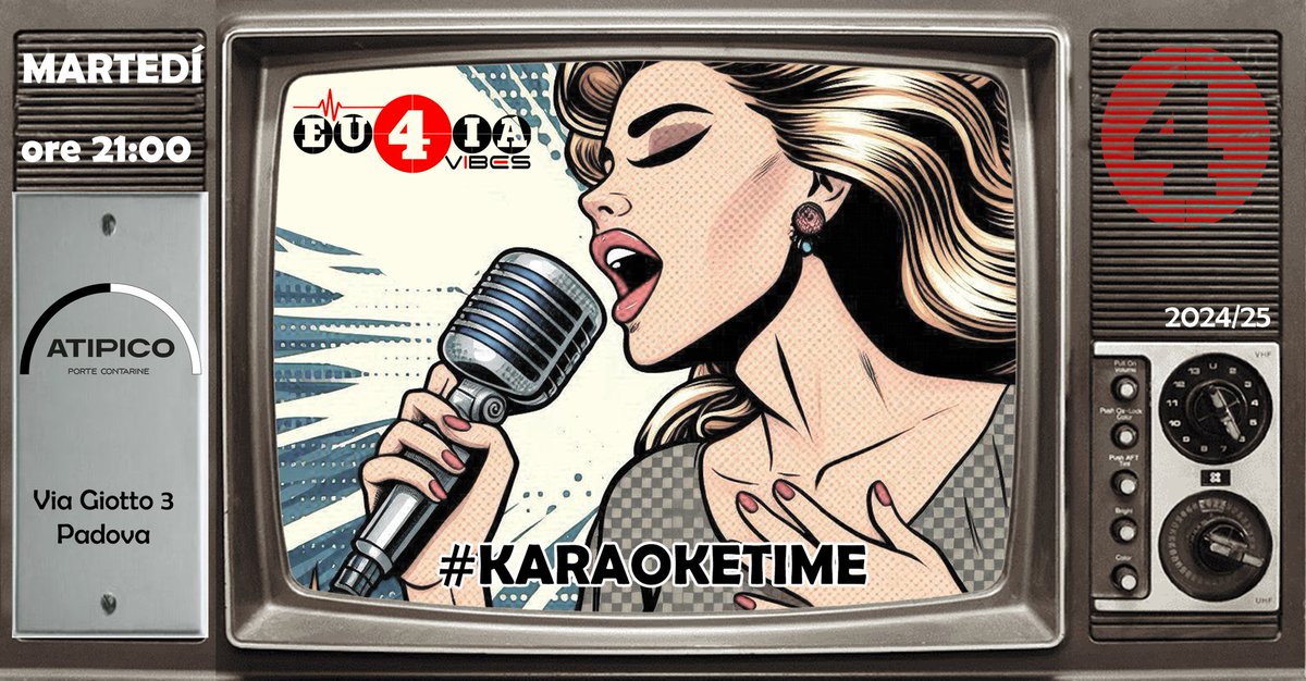Guido_Eu4ia's tweet photo. Questa sera
EU4IA VIBES ti invita @
#KARAOKETIME
C/O ATIPICO
Via Giotto 3 PD

#eu4ia #karaoke #music #voice #microphone #karaoketime #atipico #portecontarine #martedí #padova #top #joy #nightlife #fashion #whatelse

What else?

https://t.co/1iTSqwdqOd https://t.co/PUKrrrMOzy