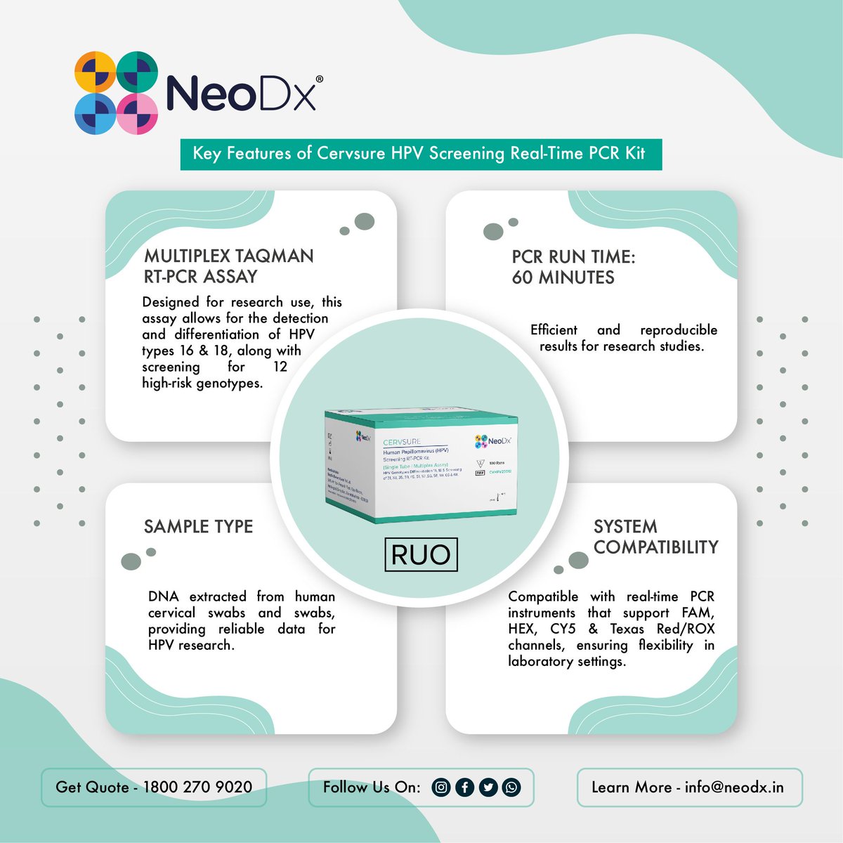 NeoDx_'s tweet image. The Cervsure HPV Screening Real-Time PCR Kit by NeoDx offers advanced detection of 14 high-risk HPV genotypes, including HPV 16 &amp;amp; 18. Fast 60-min PCR, multiplex TaqMan assay &amp;amp; broad compatibility make it ideal for research.

📞 1800 270 9020 | ✉️ info@neodx.in
#HPVResearch #PCR