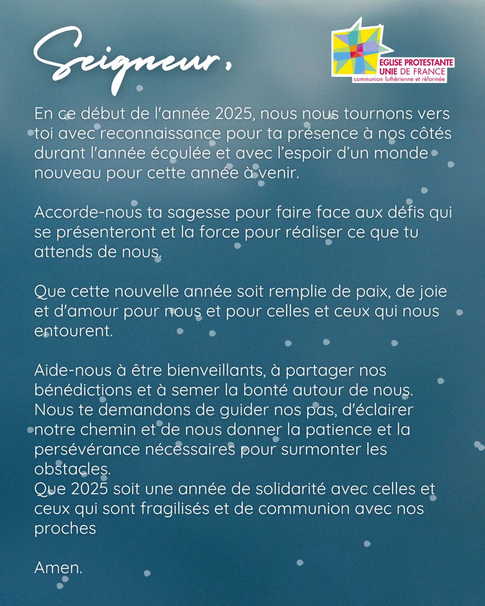 Seigneur, en ce début d’année 2025
Merci pour l’année écoulée. Guide nos pas et donne-nous la force de semer l’amour, la paix et la bonté autour de nous.
Que cette année soit un temps de solidarité et de joie partagée. ❤️ 🙏