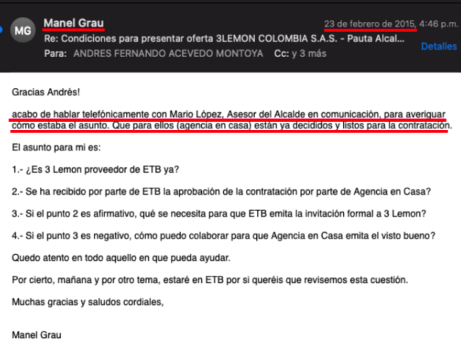 lasillavacia's tweet photo. @petrogustavo @CISA_CENTRAL @UsolidariaCo @BluRadioCo @Bogota En los correos quedó prueba de que Vendrell y Grau tenían al menos 4 proyectos en la mira con Alcaldía de @Bogota y de que tenían acceso directo.

El vehículo de tres fue la @ETB:

👉Eventos (rendición de cuentas)
👉Difusión en redes sociales
👉Construcción de obra https://t.co/3dBIMdfsYl