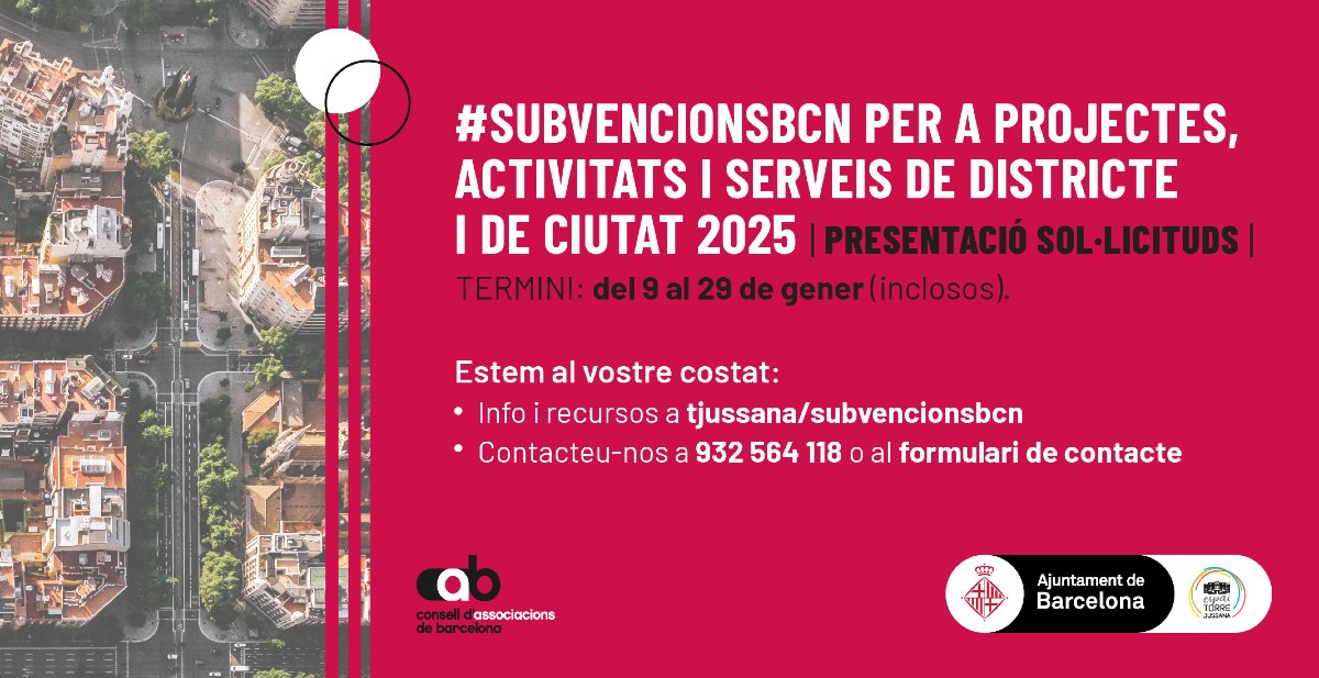 Dijous s'obre el termini per demanar subvencions municipals per a projectes, activitats o serveis durant aquest 2025.

🕙 Aquest dimecres, sessió informativa en línia sobre els criteris transversals que s'hi valoren: gènere, intercultural, ecosocial...

🖥️ ja.cat/subvencions25