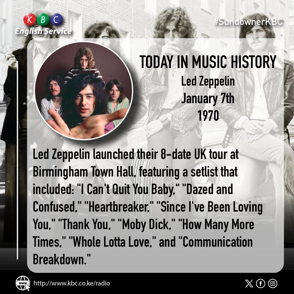 Today in Music History: 7th January 1970
Led Zeppelin launched their 8-date UK tour at Birmingham Town Hall, featuring a setlist that included: "I Can't Quit You Baby," "Dazed and Confused," "Heartbreaker," "Since I've Been Loving You," "Thank You," "Moby Dick," "How Many More