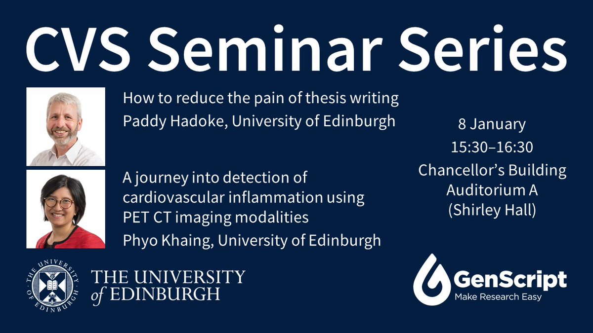 Join us TOMORROW for our first CVS Seminar of 2025, with Paddy Hadoke and Phyo Khaing!
🗓️ 8 January, 15:30–16:30
Auditorium A, Chancellor’s Building <a href="/EdinburghBQ/">Edinburgh BioQuarter</a>
Join on Teams ➡️ edin.ac/405zM3b