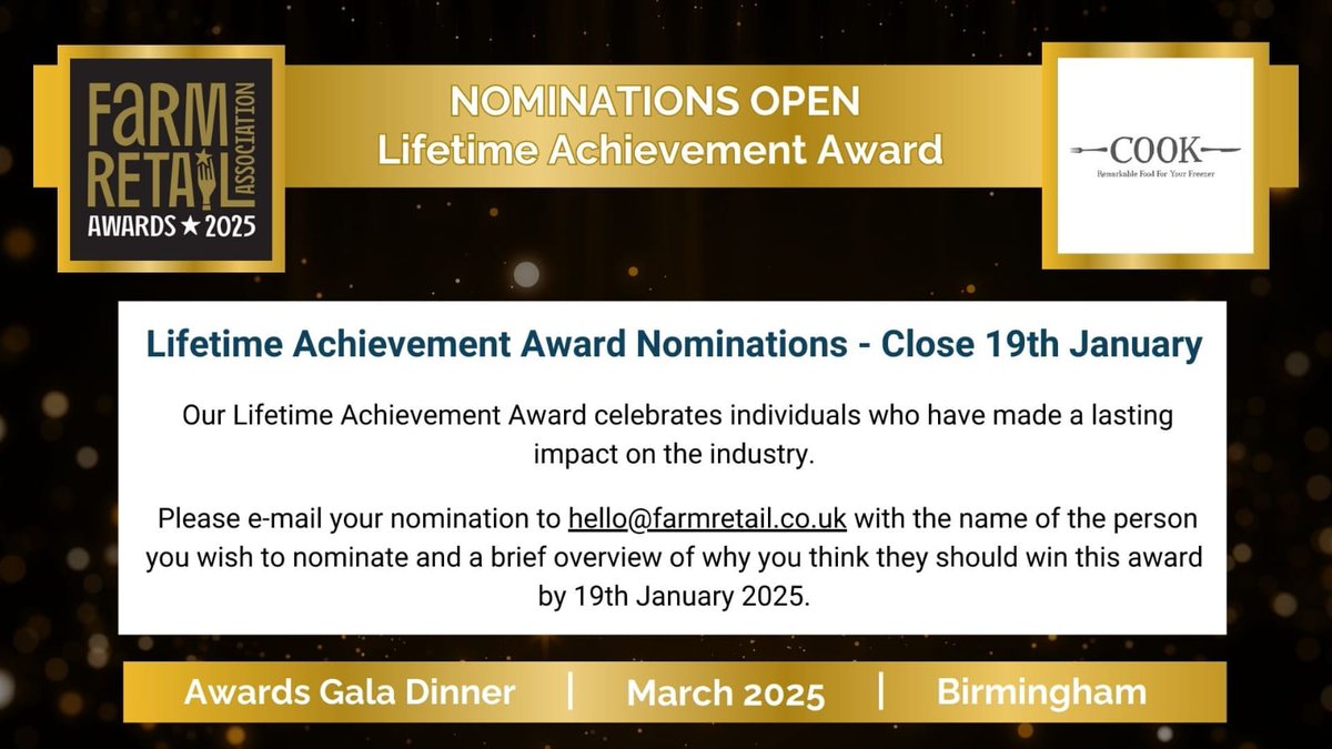 🌟Calling all Farm Retail Association members🌟

🏆Don't forget to vote for the Lifetime Achievement Award, which closes on Wednesday 19 January.

#lifetimeachievement #award #farmretail #farmshops
