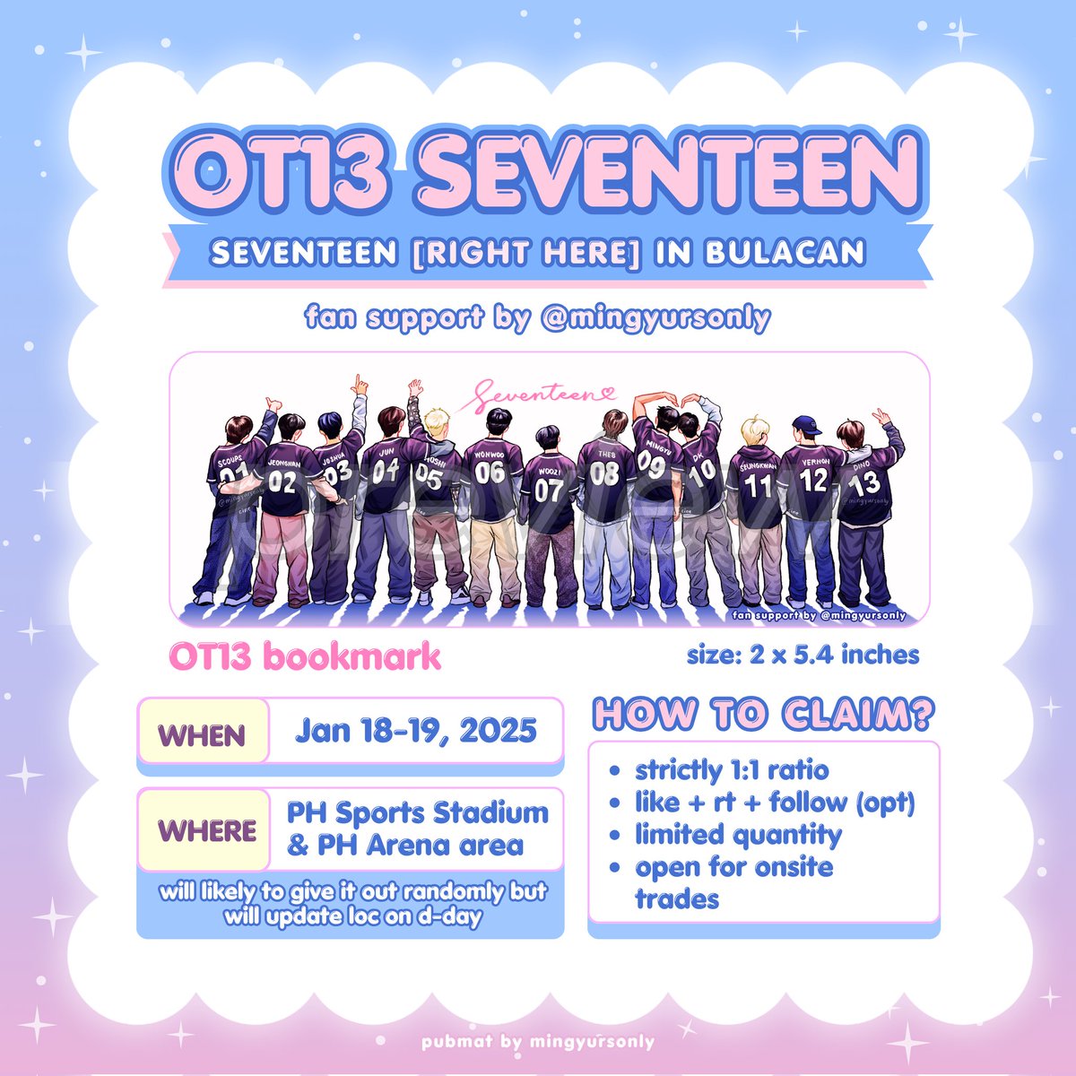 mingyursonly's tweet photo. SVTRH IN BULACAN 
╰┈➤ fan support by @mingyursonly

bookmark version of my OT13 art ♡
📆 Jan 18-19 (day 1 &amp; day 2)
📍PH Stadium

✦ 1:1 ratio (limited qty)
✦ like + RT
✦ pref. onsite trading
✦ follow is optional (for updates)

see you! ♡
#SEVENTEEN_RIGHT_HERE_IN_BULACAN https://t.co/zhhAwpL6Op