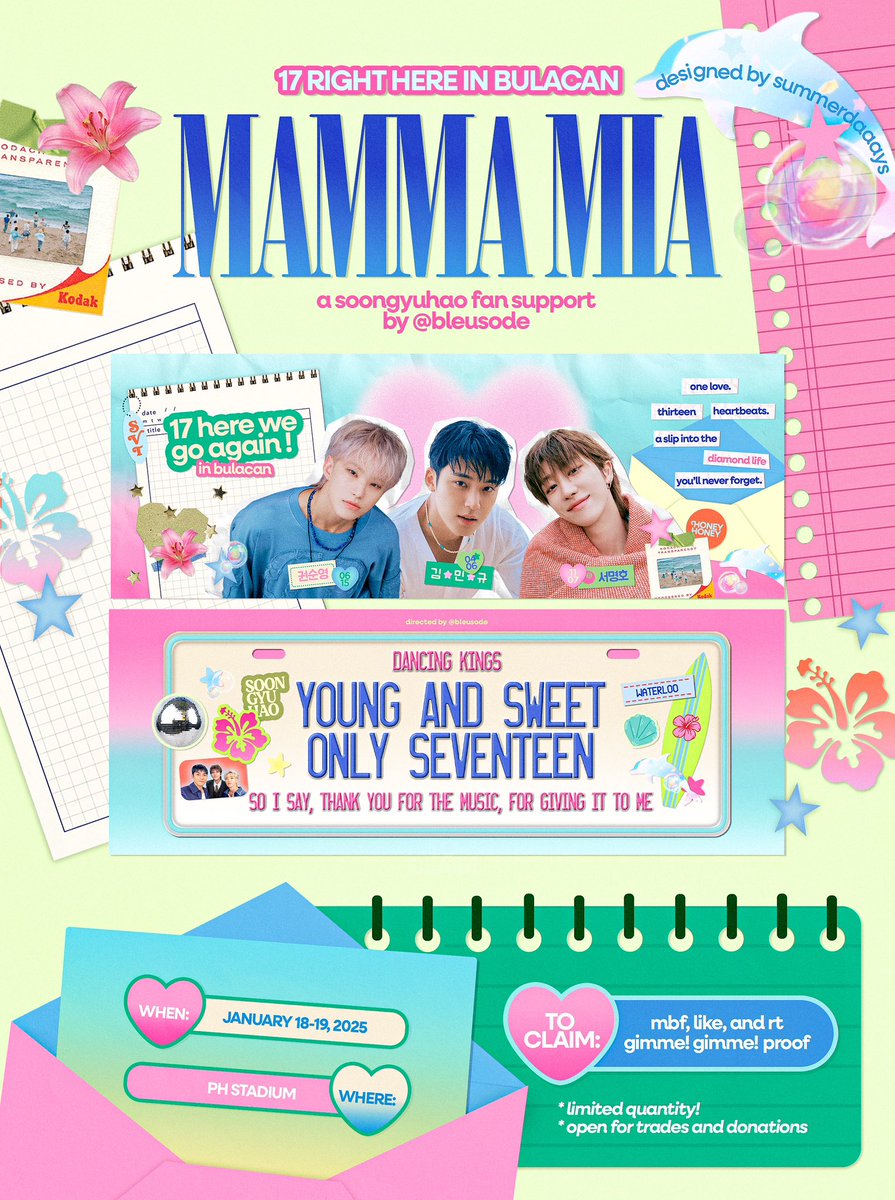 𝐜𝐚𝐮𝐬𝐞 𝐬𝐨𝐦𝐞𝐰𝐡𝐞𝐫𝐞 𝐢𝐧 𝐭𝐡𝐞 𝐜𝐫𝐨𝐰𝐝
𝐭𝐡𝐞𝐫𝐞'𝐬 ( 𝐰𝐨𝐨 ) ⋆.˚ 𓇼

17 right here in bulacan 🌺
#soongyuhao hand banner

🫧 january 18/19 
🐬 time &amp; loc tba 
🪸 3:1? nope, 1:1!

voulez-vous? sea yoü there 🧜🏻‍♀️

#HOSHI #MINGYU #THE8 🪼
#SVT_RIGHT_HERE_IN_BULACAN