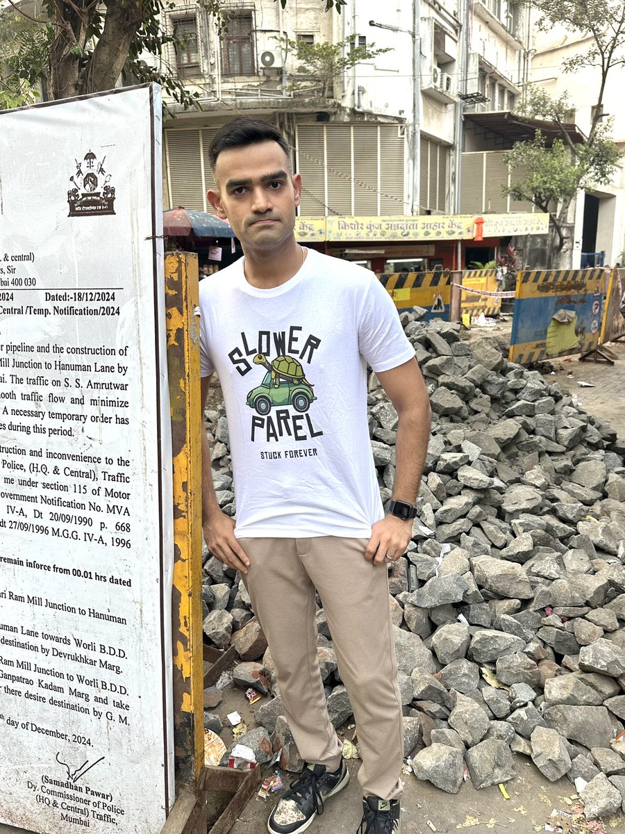 blitzkreigm's tweet photo. If the main road is dug up (yet again) the best way to harass citizens is to dig the alternate road up as well! 

Our authorities have mastered this art. 

Here’s my visual protest for this digging! 

Thank you @RoadsOfMumbai for printing my pain on this teeshirt! 

@mybmc https://t.co/qegSMb4bVI