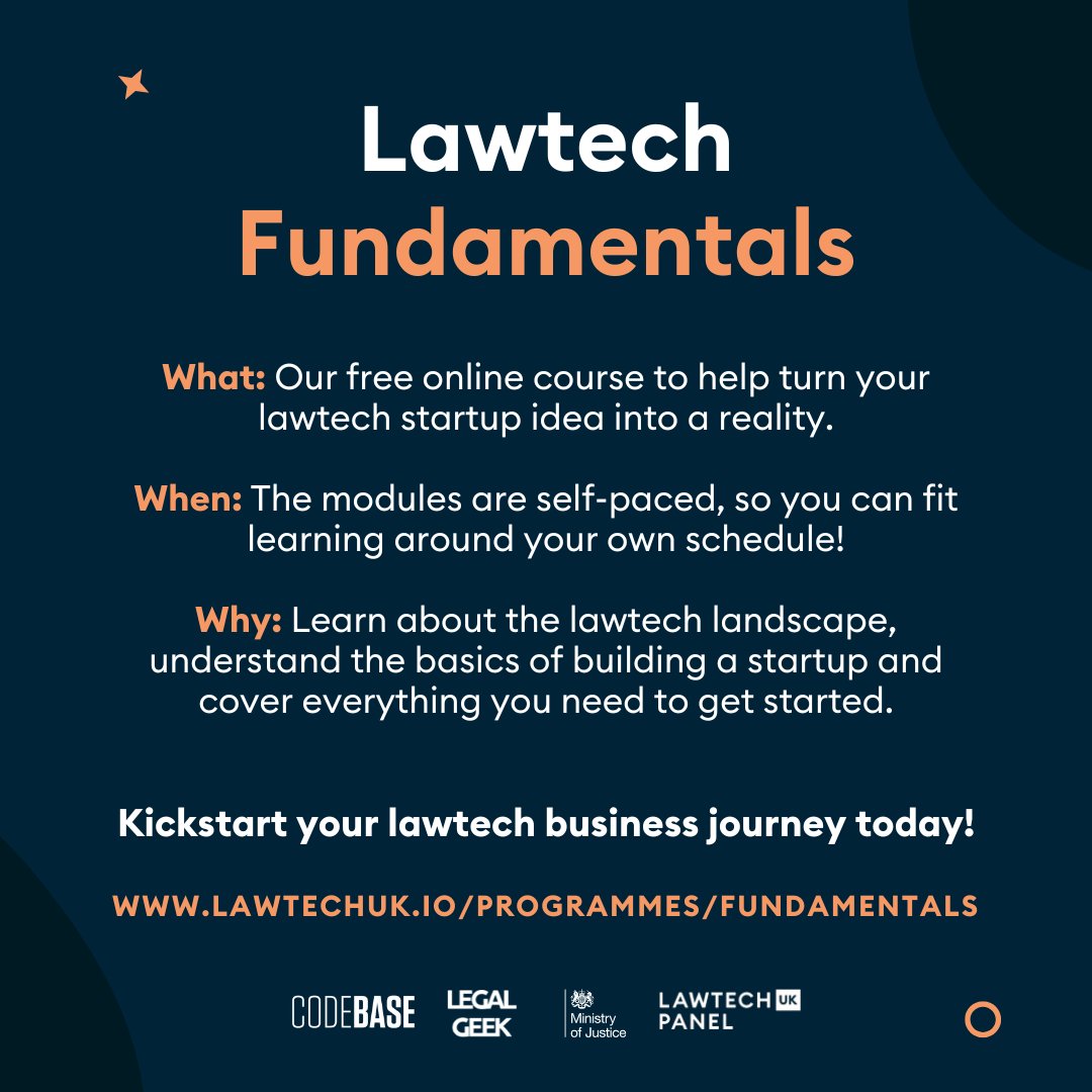 Make 2025 the year you kickstart your lawtech journey!

Our flexible, online #Lawtech Fundamentals programme is entirely free and can  support you to develop the key skills you’ll need in the earliest stages of your startup journey. Get started today: lawtechuk.io/programmes/fun…