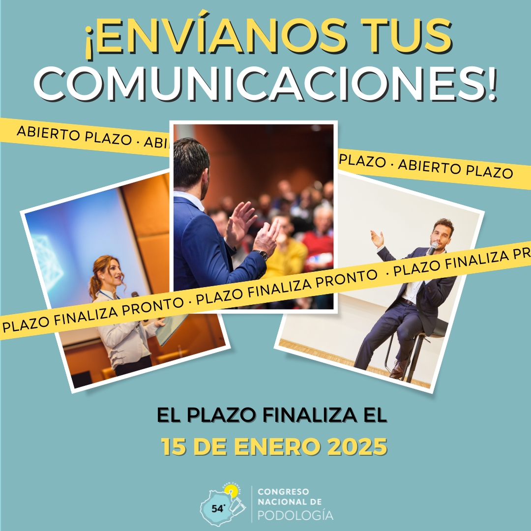 ¡Últimos días para enviar tus comunicaciones!

En el 54CNP, buscamos propuestas que marquen la diferencia.
📅 Plazo final: 15 de enero de 2025.
🔗 Instrucciones aquí: 54.congresopodologia.com/ponencias-oral…

👣 ¡Comparte tu conocimiento y sé parte de este evento único!
#54CNP #Podología