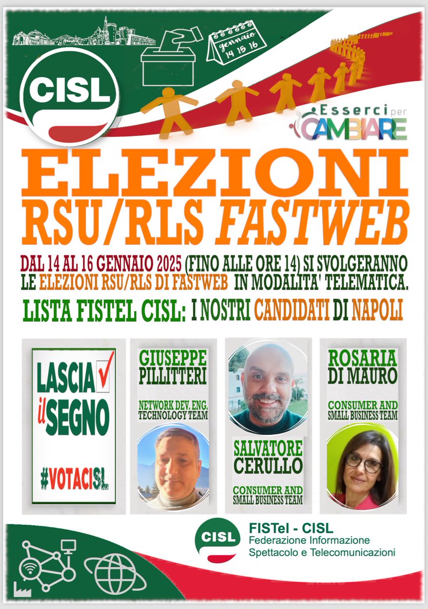 FISTelNazionale's tweet photo. 🟢🟢ELEZIONI RSU/RLS #FASTWEB 🟢🟢
Dal 14 AL 16 Gennaio 2025 (FINO ALLE ORE 14) Si svolgeranno le elezioni RSU/RLS di FASTWEB in modalità telematica
✅VOTA LA LISTA #FISTEL CISL! ✅ https://t.co/ZQ5DfsuXtL