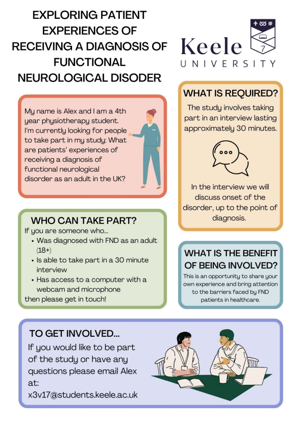 KeeleAHPP's tweet photo. 📢Calling people with a diagnosis of Functional Neurological Disorder - an exciting opportunity to take part in a research project. Please contact Alex at x3v17@students.keele.ac.uk for more information. 

#FND #functionalneurologicaldisorder #FNDresearch https://t.co/qysy1yrR0t