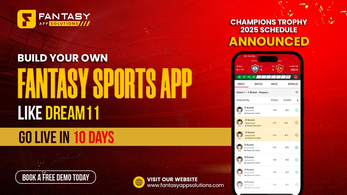 fanappsolutions's tweet image. The Champions Trophy 2025 schedule is out! 🎉 Now is the perfect time to launch your own 𝐅𝐚𝐧𝐭𝐚𝐬𝐲 𝐒𝐩𝐨𝐫𝐭𝐬 𝐀𝐩𝐩!
#FantasySportsAppDevelopment #FantasyAppDevelopment #FantasySportsApp #FantasyCricket #FantasySports #ChampionsTrophy #ChampionsTrophy2025 #AppLikeDream11