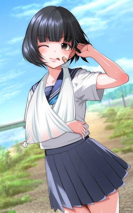 ご依頼作品を納品しましたので公開します❤
怪我だらけでも元気な少女(>_<)💕
三角巾ってちょっと観ちゃうよねw 