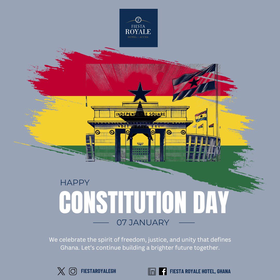 Celebrating the spirit of freedom and unity this Constitutional Holiday! 🇬🇭✨ At Fiesta Royale Hotel, we honor our heritage and the journey that brought us here. Wishing all our guests and fellow Ghanaians a day filled with pride and joy. #FiestaRoyale #ProudlyGhanaian