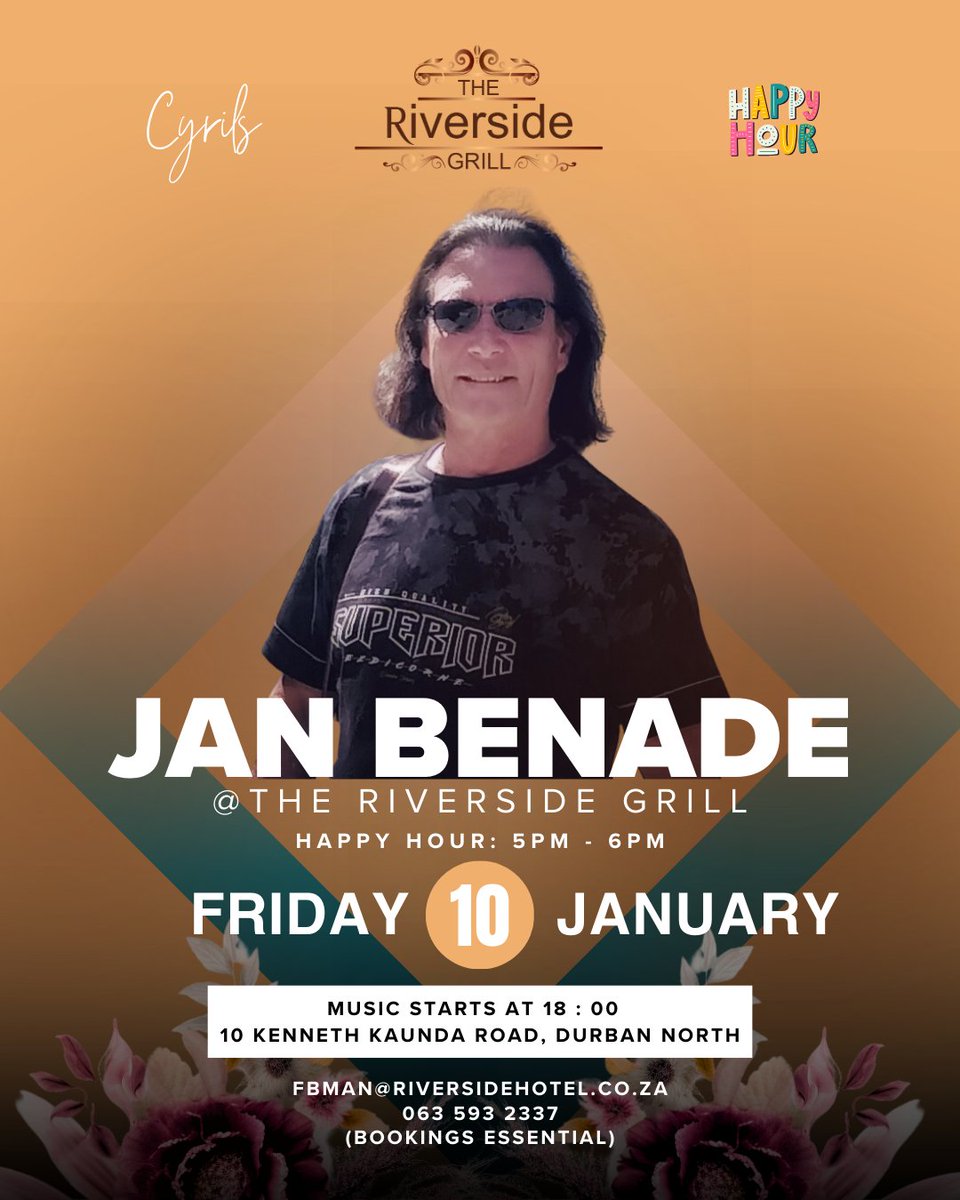 🎶 Catch Jan Benade live at The Riverside Grill!
📅 Friday, 10 Jan
⏰ Music starts at 6 PM
📍 10 Kenneth Kaunda Rd, Durban North
Happy Hour: 5-6 PM 🍹
Book now: 063 593 2337 | fbman@riversidehotel.co.za
#MeetAtTheRiverside #LiveMusic #JanBenade #DurbanEvents
