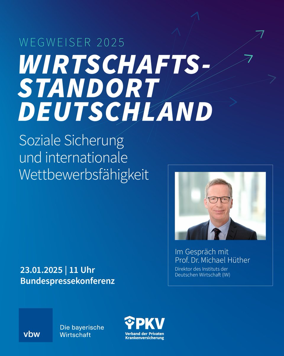 💡 Veranstaltungshinweis "Wegweiser 2025": Wie können wir die soziale Sicherung in 🇩🇪 gewährleisten, ohne unsere Wettbewerbsfähigkeit zu gefährden? Darüber diskutieren die <a href="/vbw_bayern/">vbw-bayern</a> und wir mit <a href="/michael_huether/">Michael Hüther</a>, Direktor des <a href="/iw_koeln/">Institut der deutschen Wirtschaft</a>. Zur Anmeldung 👉 events.pkv.de/de/wegweiser25…