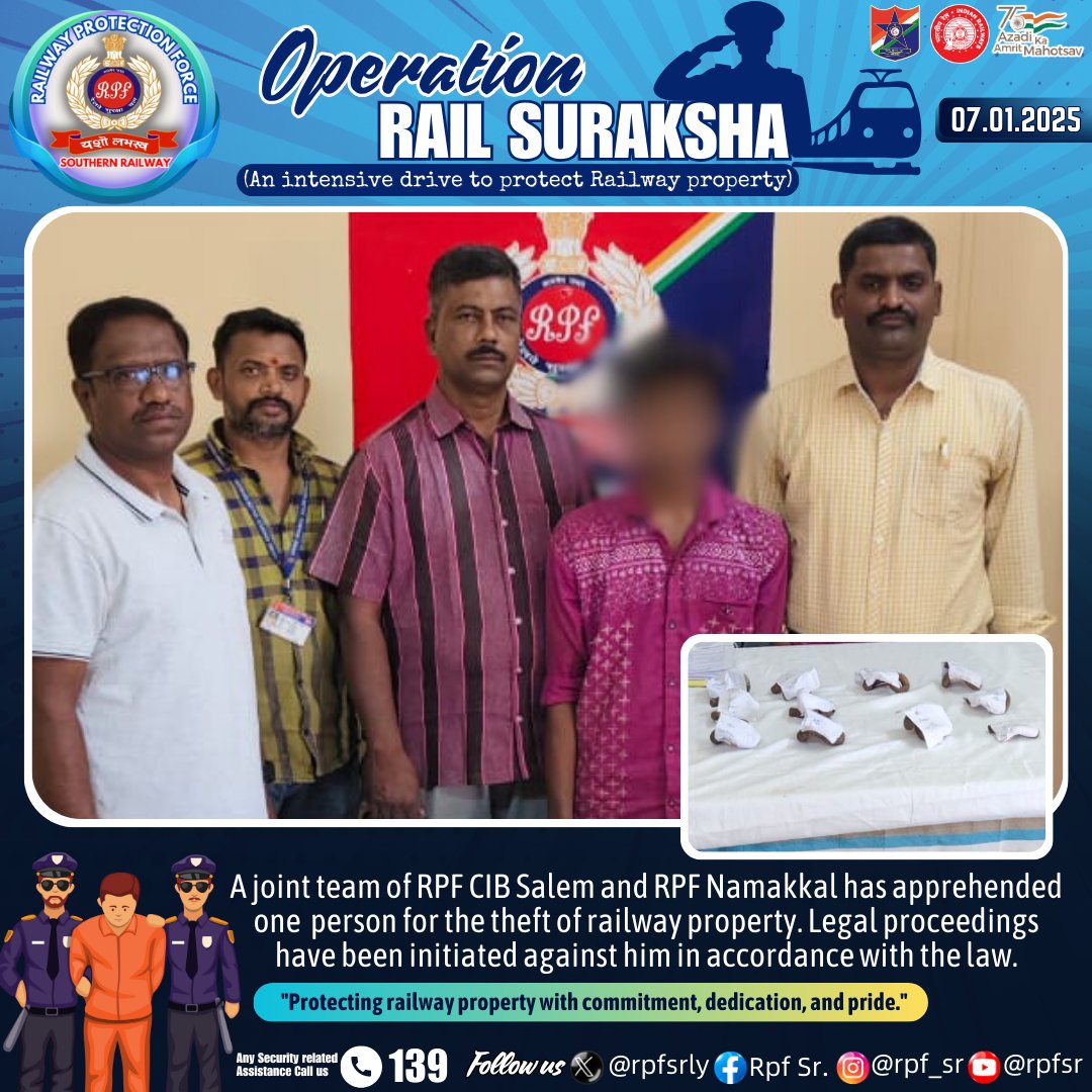 rpfsrly's tweet image. A joint team of RPF CIB Salem and RPF Namakkal has successfully apprehended an individual involved in the theft of railway property. Legal action has been initiated as per the law.
#RPF #RailwayProtection #Teamwork #SafetyFirst @RailMinIndia @RPF_INDIA @GMSRailway