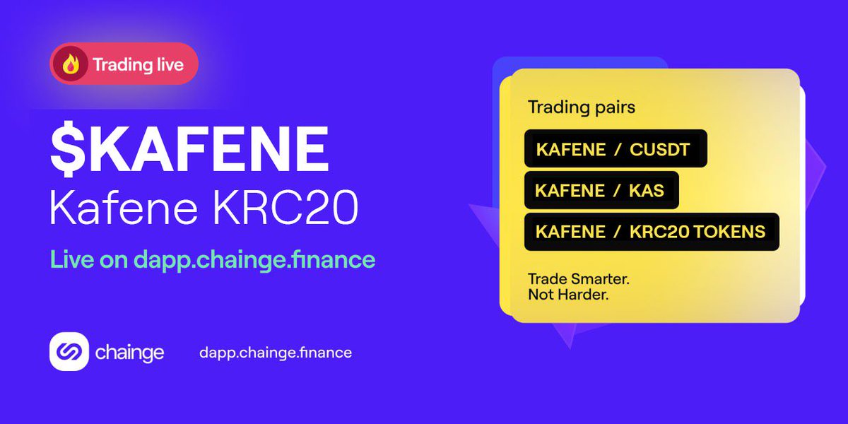 Thrilled to announce a new #KRC20 token is available for trading on dapp.chainge.finance!

You can now buy &amp; sell $KAFENE with $KAS, $CUSDT or ANY listed KRC20 token

Check out the waiting list at krc20.chainge.finance and add liquidity to support KRC20 token listings!