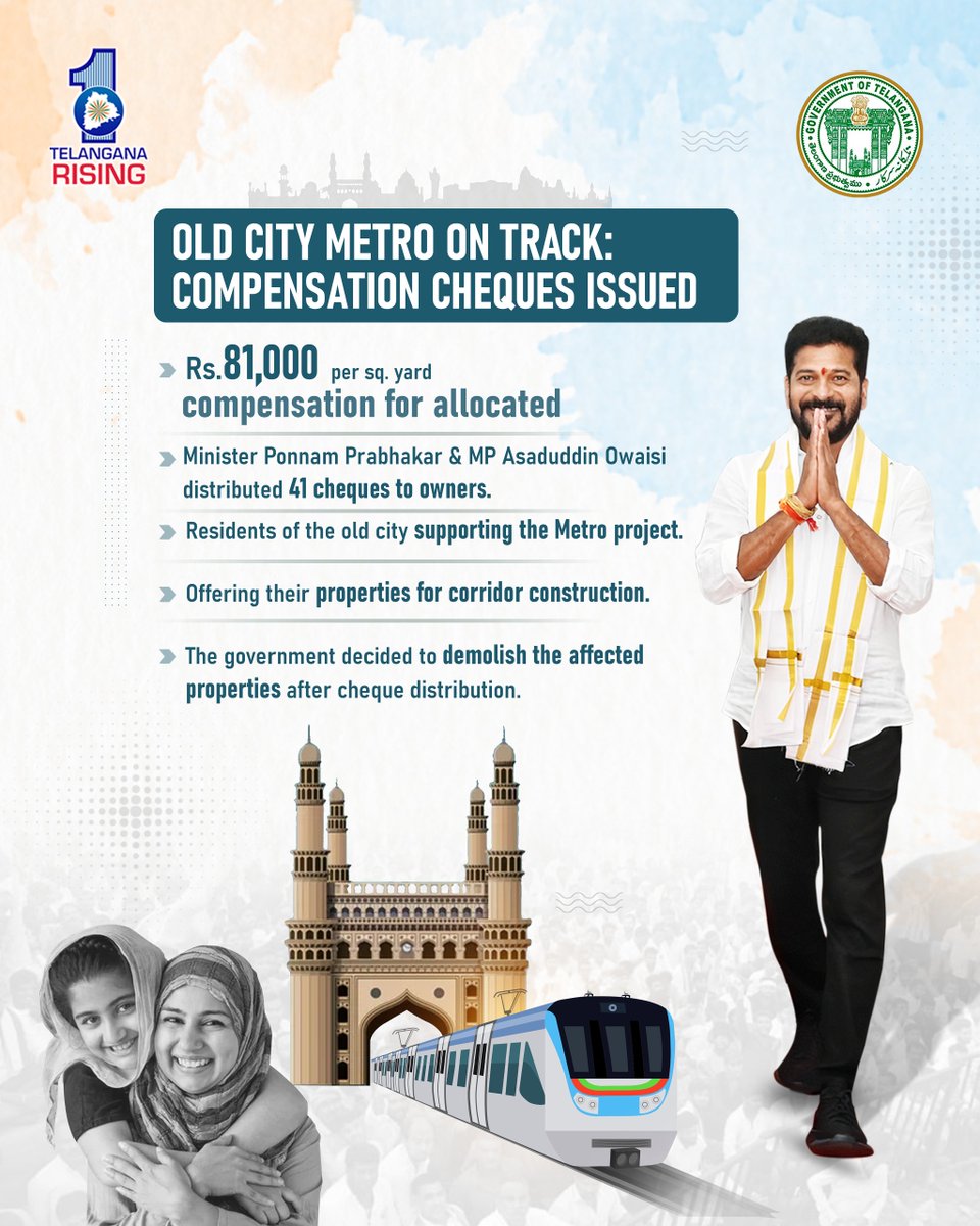 TelanganaGov's tweet photo. #Big steps for #OldCity #Metro! 🏗️
41 #property owners were #compensated Rs. 81K/sq. yard as Minister @Ponnam_INC & MP @asadowaisi hand over #cheques.
Residents back the #project, paving the way for a brighter #future! 🚇
@ltmhyd
#HyderabadMetroRail #HyderabadMetro #Progress https://t.co/PkM1NfUWxQ